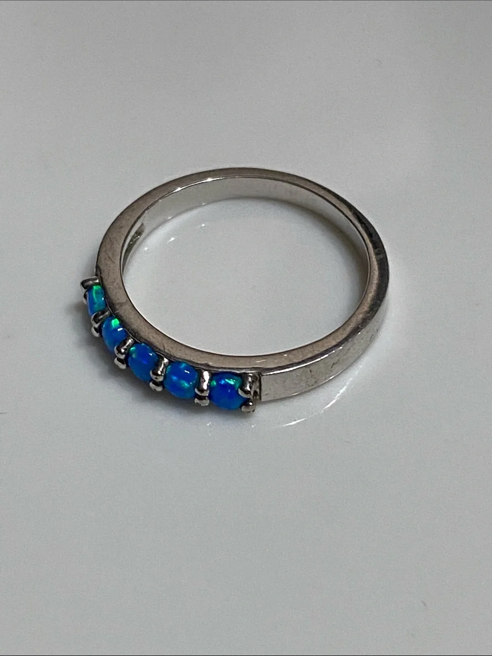 Blue Opal Row Stainless Steel Band Ring